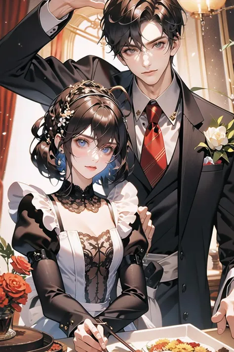 (masterpiece:1.2),(masterpiece, top quality, best quality)
1 girl, 1 boy, 2 people, housekeeper, maid, uniform, suit, maid dress, lace, flowers,
<lora:hunli:0.5>