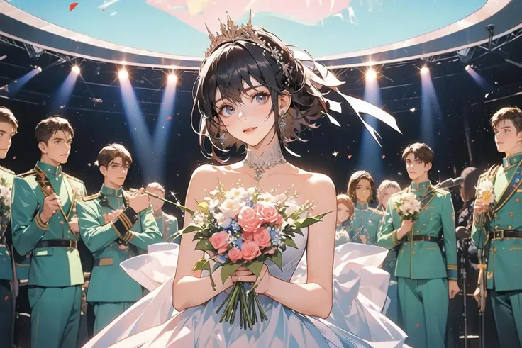 (masterpiece:1.2),(masterpiece, top quality, best quality),highres,original,dynamic pose,
1 girl, 1 boy, flowers, black hair, evening gown, dress, military uniform, military uniform, bouquet, long hair, hair accessories, earrings, military uniform, shirt, holding bouquet, white flower, holding, straight, white shirt, pink flower, looking at the audience, short hair
<lora:hunli:0.5>