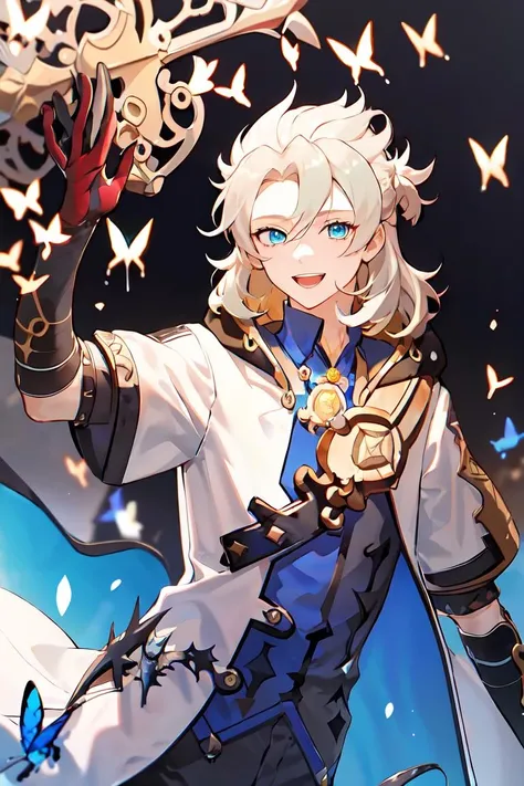 <lora:albedo:1> albedo (genshin impact), 1boy, male focus, gloves, solo, blue shirt, blue eyes, butterfly, shirt, open mouth, black gloves, smile, short sleeves, bangs