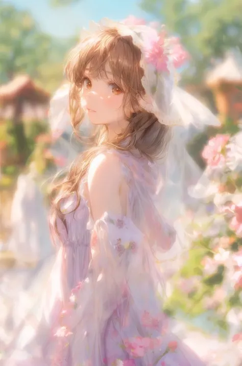 1girl,solo,long hair,looking at viewer,brown eyes,closed mouth,blurry,brown hair,blurry background,floral print,profile,hood,eyelashes,from side,bangs,veil,upper body,portrait,lips,purple,garden,long shot,veil,,,overexposure,<lora:ç»èè°æ´å¨more_details:1>,<lora:MJ52:1>