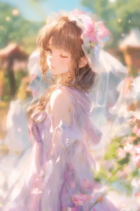 1girl,solo,long hair,looking at viewer,brown eyes,closed mouth,blurry,brown hair,blurry background,floral print,profile,hood,eyelashes,from side,bangs,veil,upper body,portrait,lips,purple,garden,long shot,veil,,,<lora:ç»èè°æ´å¨more_details:1>,<lora:MJ52:1>