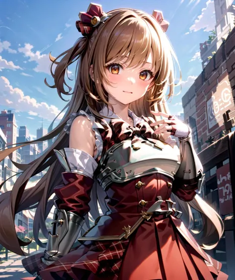 city,best quality,nozomi (princess connect!),1girl,solo,bangs,brown hair,brown eyes,very long hair,fingerless gloves,bowtie,plaid,red skirt,breastplate,plaid bow,<lora:Nozomi-10:0.8>,
