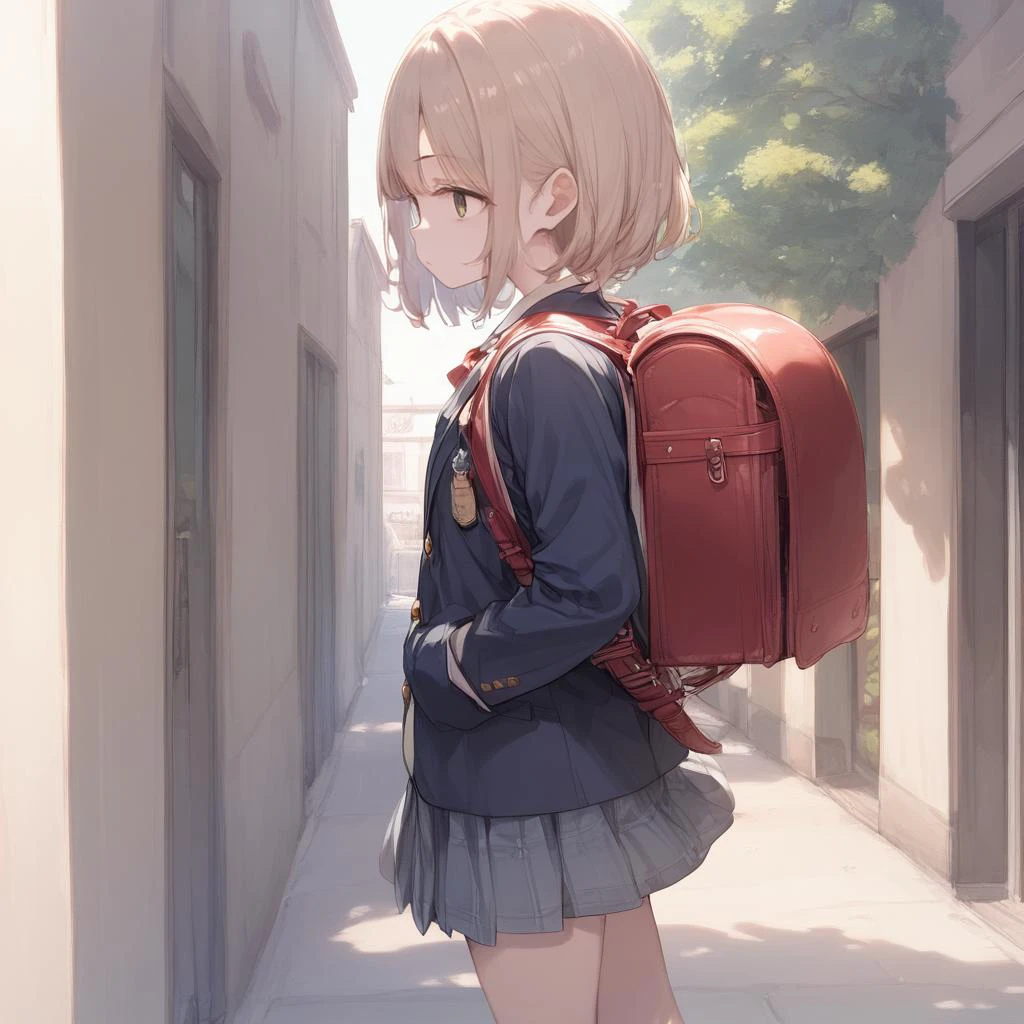 score_9, score_8_up, score_7_up, score_6_up, source anime,
1girl, haibara, walking, school blazer, skirt, randoseru, backpack, from side, looking at viewer, school,
<lora:sdxl2-flat2-512b:-1> <lora:randoseru_pony_v4:1>