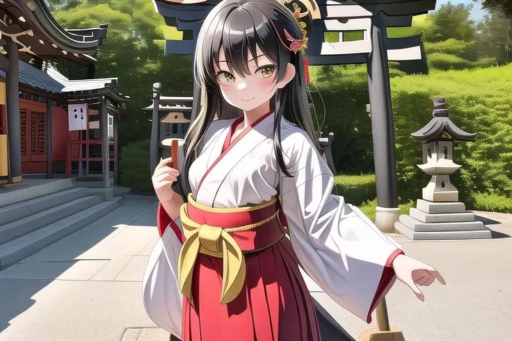masterpiece, best quality,ultra detail, <lora:anmnr01:0.3> <lora:add_detail:0.5>,<lora:GoodHands-vanilla:0.8>girl,on left, black long hair,petite, <lora:MikoClothes_v2_1:0.7>miko clothes,long hakama,upper body,looking at viewer,smile<lora:JAPAN_Scenery_Jinjya_SD15_V2:0.8>jinzya,komainu