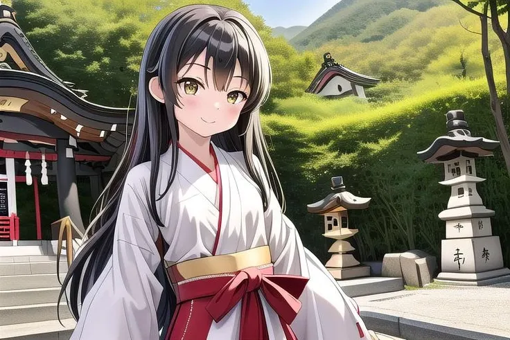 masterpiece, best quality,ultra detail, <lora:anmnr01:0.3> <lora:add_detail:0.5>,<lora:GoodHands-vanilla:0.8>girl,on left, black long hair,petite, <lora:MikoClothes_v2_1:0.7>miko clothes,long hakama,upper body,looking at viewer,smile<lora:JAPAN_Scenery_Jinjya_SD15_V2:0.8>jinzya,komainu