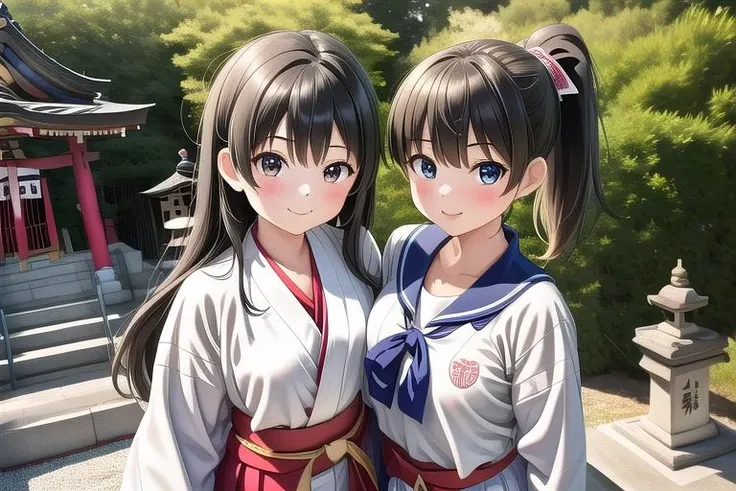 masterpiece, best quality,ultra detail, <lora:anmnr01:0.3>  <lora:add_detail:0.5>,<lora:GoodHands-vanilla:0.8><lora:JAPAN_Scenery_Jinjya_SD15_V2:0.8>,2girls, jinjya,kopmainu
AND masterpiece, best quality,ultra detail,2girls, black long hair petite girl,  <lora:MikoClothes_v2_1:0.7>miko clothes,long hakama,upper body,looking at viewer,smile,jinjya
AND masterpiece, best quality,ultra detail, 2girls,ponytail sailor uniform girl,jinzya,