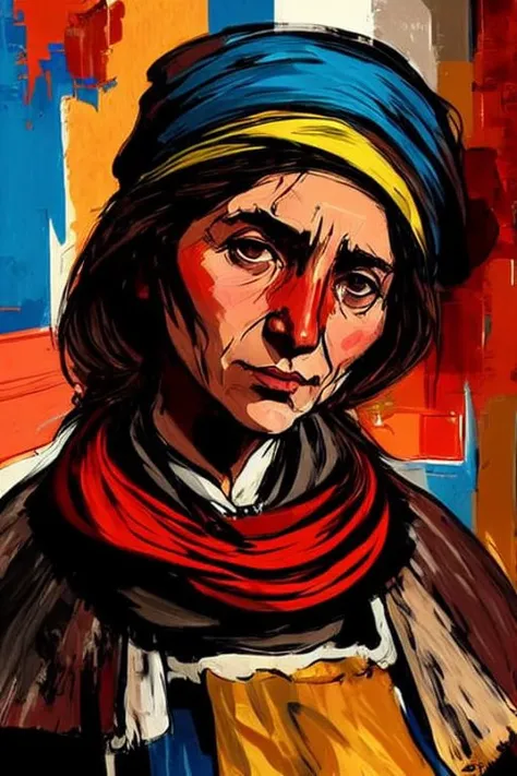 peasant woman, bandana, expressionism, , jagged lines, colorful background, digital painting