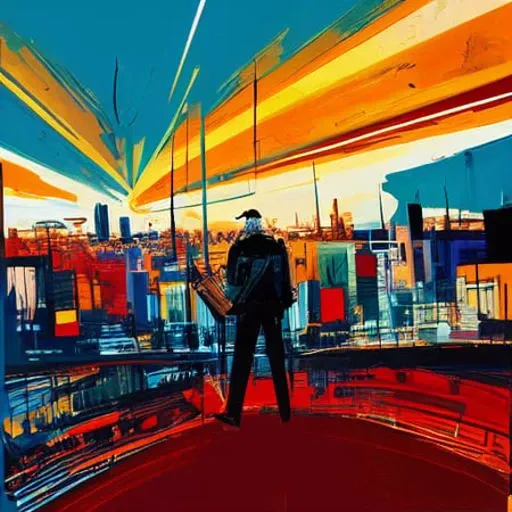 portrait of man screaming, mustache,  abstract cityscape, expressionism, gouache, jaggy lines, colorful background, digital painting, sunset