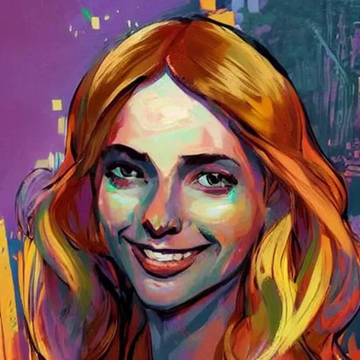 gorgeous girl with blonde hair, smiling, expressionism , colorful background ,  digital painting  , jaggy lines ,  trending on artstation