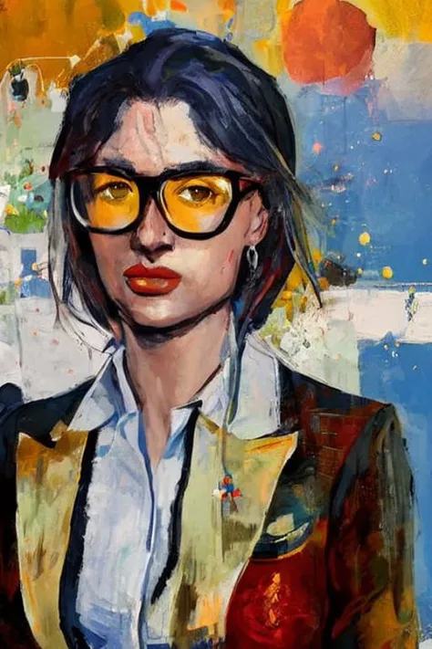 girl with glasses, business suit, expressionism, colorful background, very detailed, trending on artstation, (paint splatters :0.8)