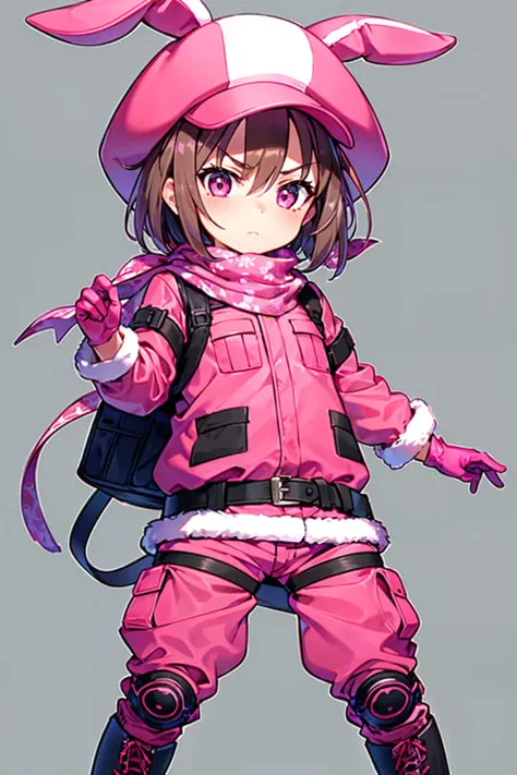 <lora:llenn-V4:1>normllenn, 1girl, solo, bandana, bangs, black footwear, brown hair, bunny hat, closed mouth, cross-laced footwear, fur-trimmed gloves, hair between eyes, pink jacket, lace-up boots, long sleeves, looking at viewer, pink gloves, pink headwear, pink pants, pink eyes, short hair, simple background, standing, v-shaped eyebrows, white background