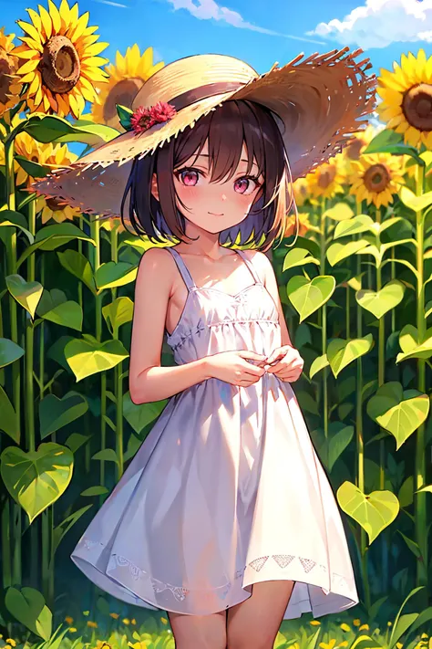 <lora:llenn-V4:1>altllenn, 1girl, solo, bangs, white high heels, brown hair, white sundress, straw hat, slight smile, hair between eyes, looking at viewer, pink eyes, short hair, outdoors, sunflower field, standing, light blush, flat chest, upper body