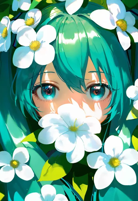 score_9, an anime girl is hiding behind a bunch of white flowers in the sun, 1girl, close-up, upper body, plant, leaf, flower, covered mouth, hatsune miku, looking at viewer, bloom, glint, light, green theme