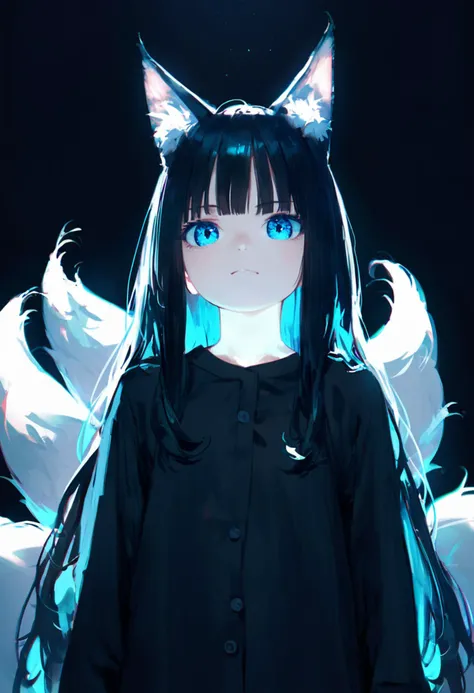 score_9, score_8_up, score_7_up, source_anime, 1girl, solo, (flat chest:0.7), (skinny:0.5), (pale skin:0.5), BREAK looking at viewer, long hair, animal ears, face focus, detailed eyes, kitsune, pajamas, black theme, dynamic pose
