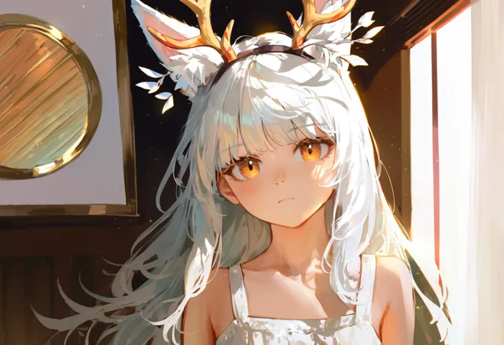 1girl,birch forest,monet color,(antler:1.2),naked,stream,close shot,huge chest,close shot,anime characters,white hair,deer hair,the whole body,oil painting,post-impressionist,(face upward:1.2),Post Impressionist,Droplets,well,soft lighting,COOL, young,