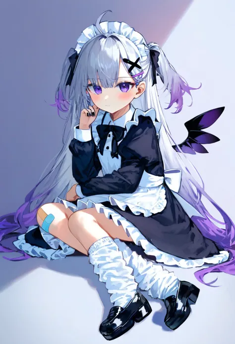 score_9, score_8_up, score_7_up,
1girl, purple eyes, solo, maid headdress, socks, black footwear, long hair, dress, sitting, long sleeves, shoes, maid, grey hair, frills, puffy sleeves, apron, white apron, bandaid, multicolored hair, black dress, bandaid on leg, blush, hair ornament, wings, very long hair, nail polish, x hair ornament, looking at viewer, bow, purple hair, detached wings, full body, closed mouth, mini wings, frilled apron, two side up, puffy long sleeves, ahoge, loose socks, hairclip, gradient hair, black bow, striped clothes, bandaid on knee, frilled dress, hand up, purple nails, black nails, white hair, long dress
