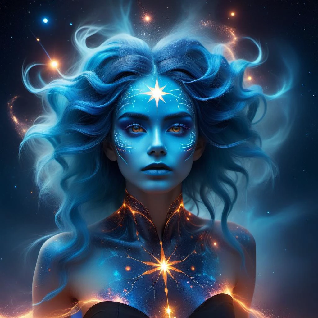 Surrealism, aneural network organism back fully covered with a cosmic nebula pattern with faintly luminous particles with lush blue hair the color of a soft blue nebula falling onto the shoulders and one bright star, with burning eyes, Android Jones, redshift render, concept art, shimmering skin, glint skin, afrofuturism, double exposure, expressive, dramatic, organic lines and forms, dreamlike, mysterious, blacklight makeup <lora:blacklight_makeup_v1:0.7>, ghost <lora:Aether_Ghost_v1.1_LoRA:0.6>, dream ,<lora:sdxl_lora_dream:0.5>