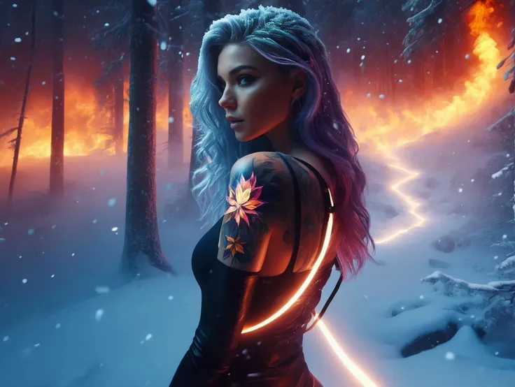 woman in a dream with neons tatoo  enter to hot water, frozen hair,  snowing, fire in the forest far away,
octane render, Unreal Engine 5, Cinematic, Color Grading, portrait Photography, Ultra-Wide Angle, Depth of Field, hyper-detailed, insane details, Photoshoot, Shot on 70mm lens, Tilt Blur, Shutter Speed 1/1000, F/22And, by aderek, by Pawel Tomczuk,<lora:sdxl_lora_dream:0.9> <lora:weird future fashion_v5_XL:0.8>