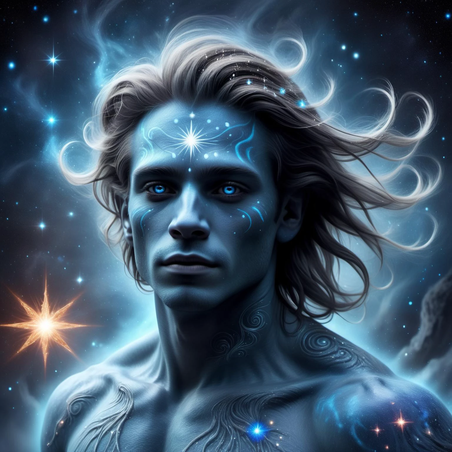 Surrealist art a male creatures with skin fully covered with a cosmic nebula pattern with faintly luminous particles with lush hair the color of a soft blue nebula falling onto the shoulders and one bright star with a glowing eyes, dream, <lora:sdxl_lora_dream:0.65> ,<lora:add-detail-xl:2>, dreamlike, mysterious, provocative, symbolic, intricate, detailed