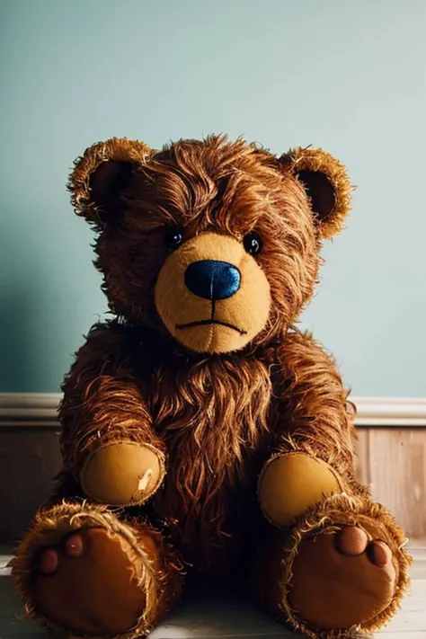 ((best quality)), ((masterpiece)), ((realistic)) an old teddy bear, sitting in a corner, worn fabric, ultra realistic, photorealism, photography, 8k uhd, photography, SEMI-SILHOUETTE light