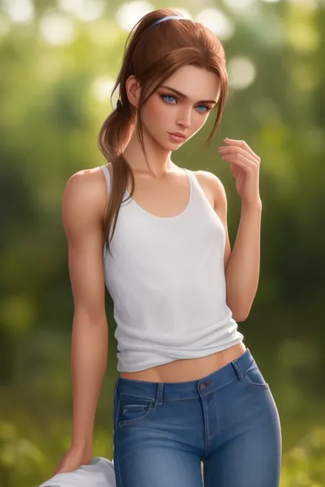 ((best quality)), ((masterpiece)), ((realistic)) 1girl, upper body, American girl with long brown hair in ponytail, bright blue eyes, tan skin, slender body, white tanktop, jeans, high detail, sharp focus, smooth, aesthetic, extremely detailed, 8k uhd, photography octane render