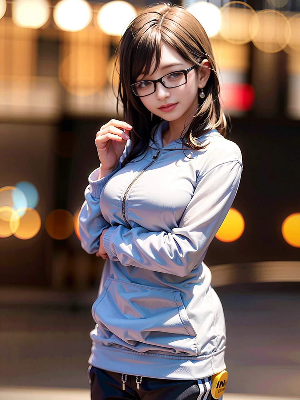 (8k, RAW photo, best quality, masterpiece:1.2), (realistic, photo-realistic:1.37), best quality, ultra high res, photon mapping, radiosity, physically-based rendering, 1girl, ((glasses)), ((hoodie)), ((sweatpants)), naughty face, cute, (laughing), (happy), (Kpop idol), (aegyo sal:1), ((puffy eyes)), looking at viewer, posing, (full body), large breasts, busty, cityscape, night, (bokeh:1.4), photographed with a nikon d850, Nikon AF-S nikkor 58mm f/1.4G lens, by Laurence Demaison, ((wink)), ((hair blown by air)) , <lora:japaneseDollLikeness_v10:0.5>