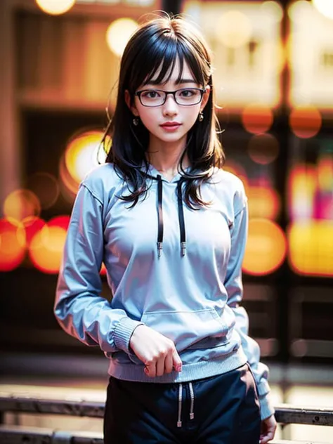 (8k, RAW photo, best quality, masterpiece:1.2), (realistic, photo-realistic:1.37), best quality, ultra high res, photon mapping, radiosity, physically-based rendering, 1girl, ((glasses)), ((hoodie)), ((sweatpants)), naughty face, cute, (laughing), (happy), (Kpop idol), (aegyo sal:1), ((puffy eyes)), looking at viewer, posing, (full body), large breasts, busty, cityscape, night, (bokeh:1.4), photographed with a nikon d850, Nikon AF-S nikkor 58mm f/1.4G lens, by Laurence Demaison, ((wink)), ((hair blown by air)) , <lora:japaneseDollLikeness_v10:0.5>