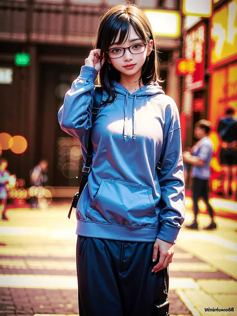 (8k, RAW photo, best quality, masterpiece:1.2), (realistic, photo-realistic:1.37), best quality, ultra high res, photon mapping, radiosity, physically-based rendering, 1girl, ((glasses)), ((hoodie)), ((sweatpants)), naughty face, cute, (laughing), (happy), (Kpop idol), (aegyo sal:1), ((puffy eyes)), looking at viewer, posing, (full body), large breasts, busty, cityscape, night, (bokeh:1.4), photographed with a nikon d850, Nikon AF-S nikkor 58mm f/1.4G lens, by Laurence Demaison, ((wink)), ((hair blown by air)) , <lora:japaneseDollLikeness_v10:0.5>