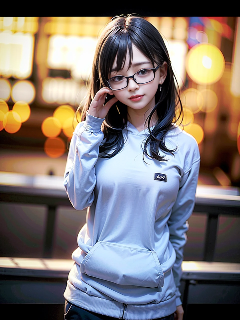 (8k, RAW photo, best quality, masterpiece:1.2), (realistic, photo-realistic:1.37), best quality, ultra high res, photon mapping, radiosity, physically-based rendering, 1girl, ((glasses)), ((hoodie)), ((sweatpants)), naughty face, cute, (laughing), (happy), (Kpop idol), (aegyo sal:1), ((puffy eyes)), looking at viewer, posing, (full body), large breasts, busty, cityscape, night, (bokeh:1.4), photographed with a nikon d850, Nikon AF-S nikkor 58mm f/1.4G lens, by Laurence Demaison, ((wink)), ((hair blown by air)) , <lora:japaneseDollLikeness_v10:0.5>