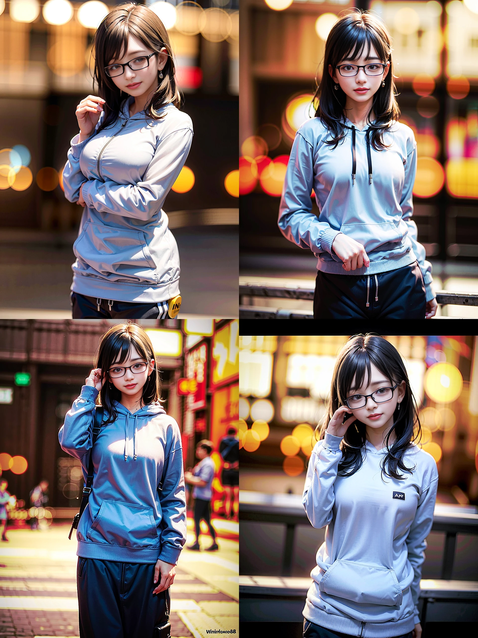 (8k, RAW photo, best quality, masterpiece:1.2), (realistic, photo-realistic:1.37), best quality, ultra high res, photon mapping, radiosity, physically-based rendering, 1girl, ((glasses)), ((hoodie)), ((sweatpants)), naughty face, cute, (laughing), (happy), (Kpop idol), (aegyo sal:1), ((puffy eyes)), looking at viewer, posing, (full body), large breasts, busty, cityscape, night, (bokeh:1.4), photographed with a nikon d850, Nikon AF-S nikkor 58mm f/1.4G lens, by Laurence Demaison, ((wink)), ((hair blown by air)) , <lora:japaneseDollLikeness_v10:0.5>