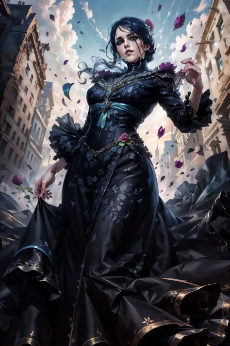 (masterpiece, top quality, best quality, official art, detailed:1.2), <lora:irisW3:0.7>, irisW3, 1girl, solo, black hair, dress, holding, jewelry, flower, necklace, black dress, from below