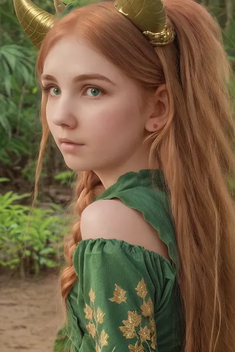 < <lora:Manya:0.8>, highly detailed background, (photo realistic:1.3), 1girl, (solo:1.3), realistic light, detailed eyes, green eyes, detailed face, long red hair gathered in two ponytails, an ornate sea-green dress, gold accessories, a pair of horns, magical jungle elven forest background