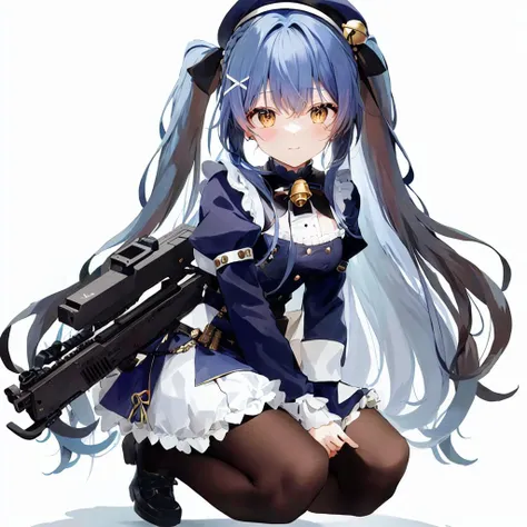 amamiya kokoro,solo,1girl,<lora:amamiya kokoro:0.8>,1girl, solo, weapon, virtual youtuber, gun, ((((blue hair)))), hair ornament, hair bell, long hair, holding weapon, shoes, yellow eyes, holding, bell, hat, ahoge, rifle, holding gun, white background, two side up, long sleeves, beret, smile, jingle bell, x hair ornament, black footwear, dress, frills, white pantyhose, closed mouth, assault rifle, simple background, squatting, pantyhose, sparkle, bangs, shadow, signature, blue dress, multicolored hair, full body, skirt, blush, black headwear, puffy sleeves, hair between eyes, thighhighs, mary janes, white thighhighs, juliet sleeves, aiming, very long hair, hairclip