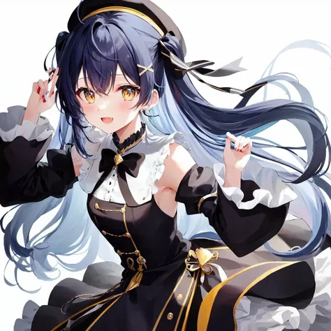 amamiya kokoro,solo,1girl,<lora:amamiya kokoro:0.8>,1girl, solo, virtual youtuber, bell, hair bell, (((blue hair))), long hair, hat, hair ornament, smile, jingle bell, long sleeves, very long hair, two side up, x hair ornament, beret, ahoge, white background, pantyhose, looking at viewer, white pantyhose, black headwear, puffy sleeves, bangs, open mouth, yellow eyes, ribbon, simple background, :d, frills, fang, blush, wings, dress, heart, juliet sleeves, hair ribbon, skirt, jacket, bow, hair between eyes, multicolored hair, black ribbon, sleeves past wrists, hands up, cropped jacket, frilled dress, skin fang,