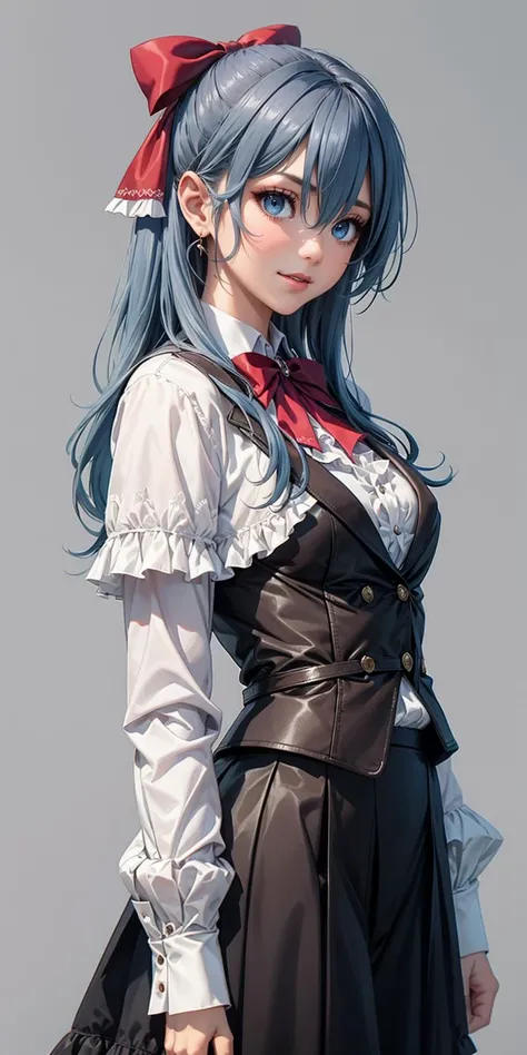 standing, light smile BREAK liselottecretia, long hair, (blue hair:1.2), blue eyes, bangs, hair between eyes, hair ribbon BREAK white shirt, red bowtie, frills, brown vest, capelet, skirt BREAK (simple background, grey background:1.2) <lora:LiselotteCretiav1:0.9>