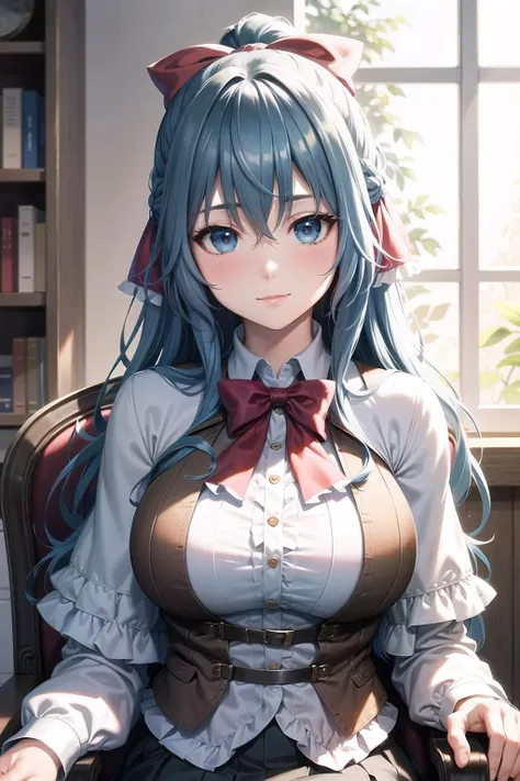 ((((masterpiece, extremely detailed, best quality)))), illustration, indoor, chair, (simple background), (cowboy shot), soft lighting, stylized, (<lora:LiselotteCretiav1:0.4>, liselottecretia), 1girl, blue hair, (long hair, hair between eyes, hair ribbon), blue eyes, (looking at viewer:1.2), (light smile), (blush:1.2), lower body, (white shirt, red bowtie, frills, brown vest, capelet, skirt), (large breasts:1.2), sitting, sitting on chair