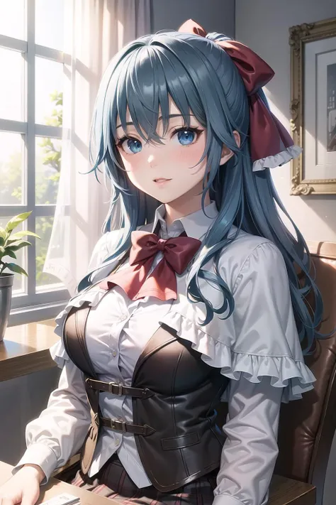 ((((masterpiece, extremely detailed, best quality)))), illustration, indoor, chair, (simple background), (cowboy shot), soft lighting, stylized, (<lora:LiselotteCretiav1:0.4>, liselottecretia), 1girl, blue hair, (long hair, hair between eyes, hair ribbon), blue eyes, (looking at viewer:1.2), (light smile), (blush:1.2), lower body, (white shirt, red bowtie, frills, brown vest, capelet, skirt), (large breasts:1.2), sitting, sitting on chair