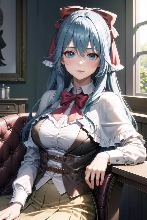 ((((masterpiece, extremely detailed, best quality)))), illustration, indoor, chair, (simple background), (cowboy shot), soft lighting, stylized, (<lora:LiselotteCretiav1:0.4>, liselottecretia), 1girl, blue hair, (long hair, hair between eyes, hair ribbon), blue eyes, (looking at viewer:1.2), (light smile), (blush:1.2), lower body, (white shirt, red bowtie, frills, brown vest, capelet, skirt), (large breasts:1.2), sitting, sitting on chair