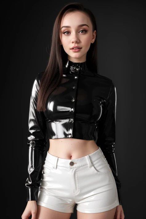 (Art Photography, Award Winning) DV_Kalina_Vicious wearing Latex Shorts, latex buttoned shirt, choker, latex long sleeves, midriff, <lora:Latex_Shorts+Shirt_By_Stable_Yogi:0.4>, (simple background:1.3), photoshoot, (Steve McCurry, 35mm, F/2.8), (Photo Focus, DOF, Aperture, insanely detailed and intricate, character, hypermaximalist, beautiful, revealing, appealing, attractive, amative, hyper realistic, super detailed), ((skinny body, fit body, toned)), (smiling at the viewer)