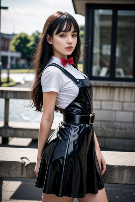 1 woman, 22yo,  realistic, masterpiece, high detailed skin, looking at viewer, full body shot, scenic view, long hair, black hair
<lora:Latex_Pinafore_School_Dress_By_Stable_Yogi:0.8> black latex pattern pinafore dress, school dress, long skirt, red bowtie, belt