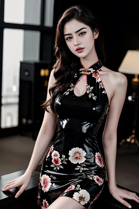 Chinese girl DV_Chen_Vicious modeling for a photoshoot, (petite:1.3), (mid-angle shot), perfect hair, modern photo, (wearing black latex floral chenongsam), <lora:Latex_Cheongsam_By_Stable_Yogi:0.8>, 24mm, (analog, cinematic, film grain:1.3), beautiful woman, (detailed eyes), (eyeliner, long lashes), long eyelashes, (glossy lips), <lora:bellybuttonremover_1:1>, modeling at the lakeside