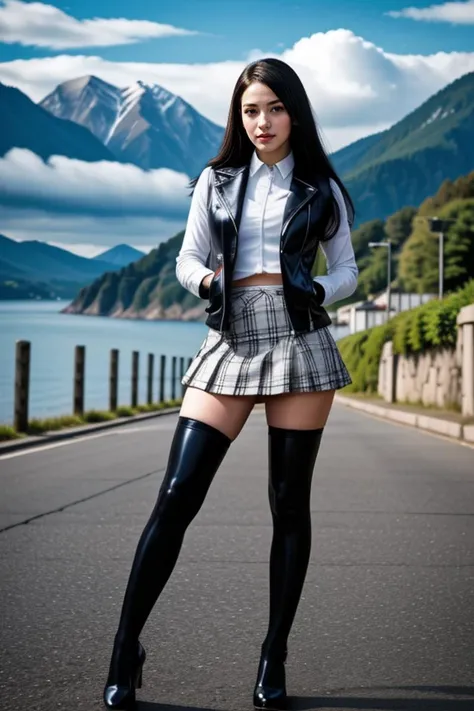 realistic, masterpiece, high detailed skin, looking at viewer, full body shot, scenic view, long hair, black hair
<lora:Latex_Skirt_Jacket_Vest_By_Stable_Yogi:1> latex pattern thighhighs, skirt and jacket, vest