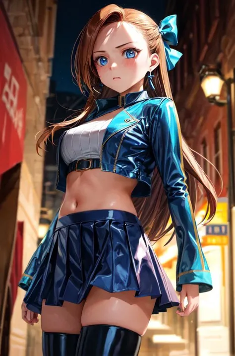 (masterpiece, best quality, ultra detailed, absurdres)1.5, 1girl, (KatarinaClaes, asymmetrical bangs, long hair, brown hair, earrings, hair bow, blue eyes, extremely detailed clothes, embarassed, latex jacket, long sleeves, midriff, pleated miniskirt, thighhighs, boots, <lora:HameFura - Katarina Claes:0.7>, <lora:Latex_ Jacket_Skirt_By_Stable_Yogi:0.8>), (posing, Red light district, outdoors), smooth, hdr, <lora:more_details:0.7>
