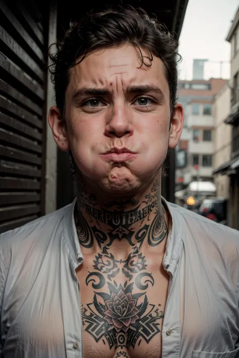 puffupcheeks, a tough thug with a lot of tattoos, gray hair,  dark alley, key light, top lighting <lora:PuffyCheeks:1>, (masterpiece:1.2), cinematic lighting, realism, realistic, RAW photo, 4k, highres, high quality, sharp focus,8k uhd, absurdres