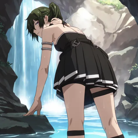 (score_9, score_8_up, score_7_up, score_6_up, score_5_up, score_4_up, source_anime, BREAK), 1girl, <lora:ubel_ponyxl_v1:0.9>, ubel, halterneck, black choker, armlet, arm strap, bare shoulders, black gloves, single glove, black dress, sleeveless dress, pleated dress, black belt, calflet, thigh strap, black footwear, half-closed eyes, purple eyes, realistic skin, from behind, standing, looking back, cave background, waterfall, wet hair, hands on head, <lora:kawakami_rokkaku_pony_v2:0.8>