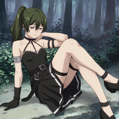 (score_9, score_8_up, score_7_up, score_6_up, score_5_up, score_4_up, source_anime, BREAK), 1girl, <lora:ubel_ponyxl_v1:0.9>, ubel, halterneck, black choker, armlet, arm strap, bare shoulders, black gloves, single glove, black dress, sleeveless dress, pleated dress, black belt, calflet, thigh strap, black footwear, half-closed eyes, purple eyes, realistic skin, sitting, crossed legs, forest background, <lora:kawakami_rokkaku_pony_v2:0.8>