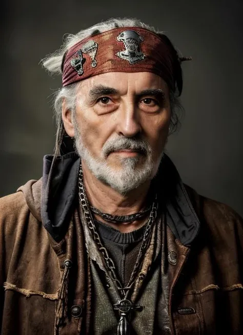 ( <lora:ChristopherLeeOld:.9>) Portrait photo of (clo1) a man with grey hair, Detailed face, (perfect eyes), (realistic matte skin:1.1), perfect body, wearing ((Pirate Stowaway Outfit, Tattered Clothing, Patched Pants, Hooded Cloak, Sack of Stolen Goods)), Modelshoot style, Professional Photography, soft lighting, PHOTOREALISTIC, Realistic, standing in dark studio background, blurred background, volumetric fog,. RAW, analog style, sharp focus, 8k, HD, DSLR, high quality, Fujifilm XT3, film grain, award winning, masterpiece,