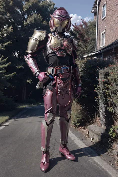 (extremely detailed CG), (best quality), perfect face, shiny skin, lustrous skin,wide hips,narrow waist <lora:MarikaRider-10:0.8> MarikaRider,boots,power armor,pink footwear,loincloth, mask,rider belt,bodysuit,belt,armor,helmet, hands on hips, looking at viewer, <lora:TakeyaTakayukiSD1.5:0.6>