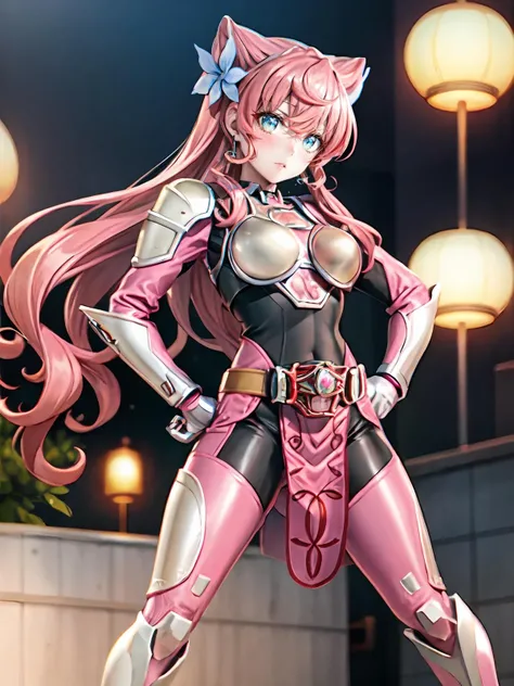 (extremely detailed CG), (best quality), perfect face, shiny skin, lustrous skin,wide hips,narrow waist <lora:MariaEve-10:0.8> MariaEve,hair flower,very long hair, butterfly hair ornament,blue eyes, (strong pink hair:1) <lora:MarikaRider-10:0.7> MarikaRider,boots,power armor,pink footwear,loincloth,rider belt,bodysuit,belt,armor, hands on hips, looking at viewer, holding weapon, holding bow,