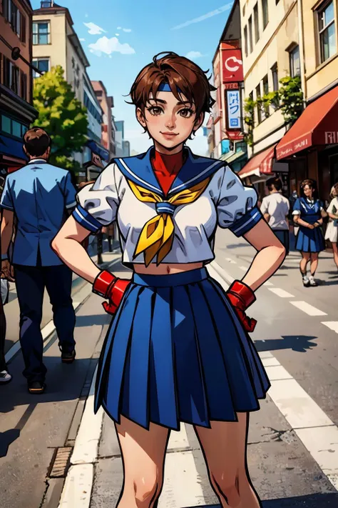 sakura kasugano, brown eyes, short brown hair, white headband, sailor collar, school uniform, short sleeves, navel, blue skirt, red gloves, looking at viewer, smiling, standing, medium shot,  outside, city, street, market, crowd, hands on hips, blue sky, high quality, masterpiece,  <lora:sakura kasugano v2-lora-nochekaiser:.8>